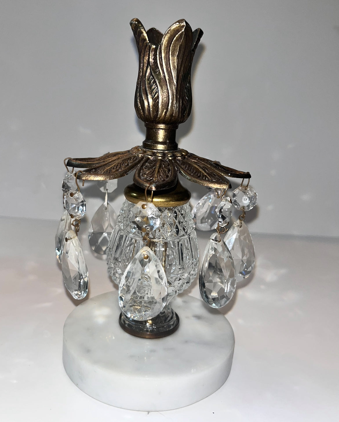 Vintage Italian Marble Brass Candle Holders with Crystal Prisms - Finest Antique