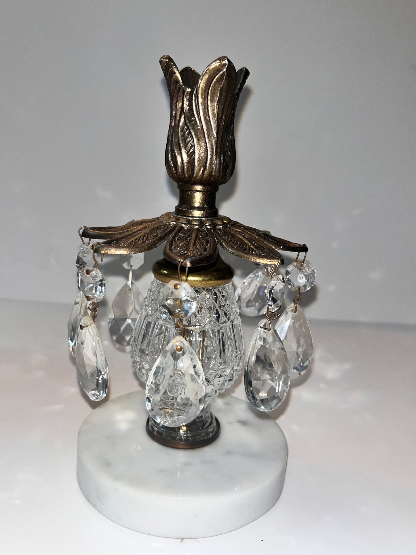 Vintage Italian Marble Brass Candle Holders with Crystal Prisms - Finest Antique