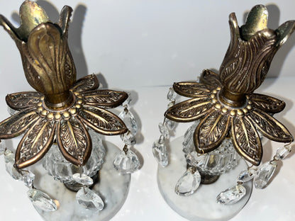 Vintage Italian Marble Brass Candle Holders with Crystal Prisms - Finest Antique