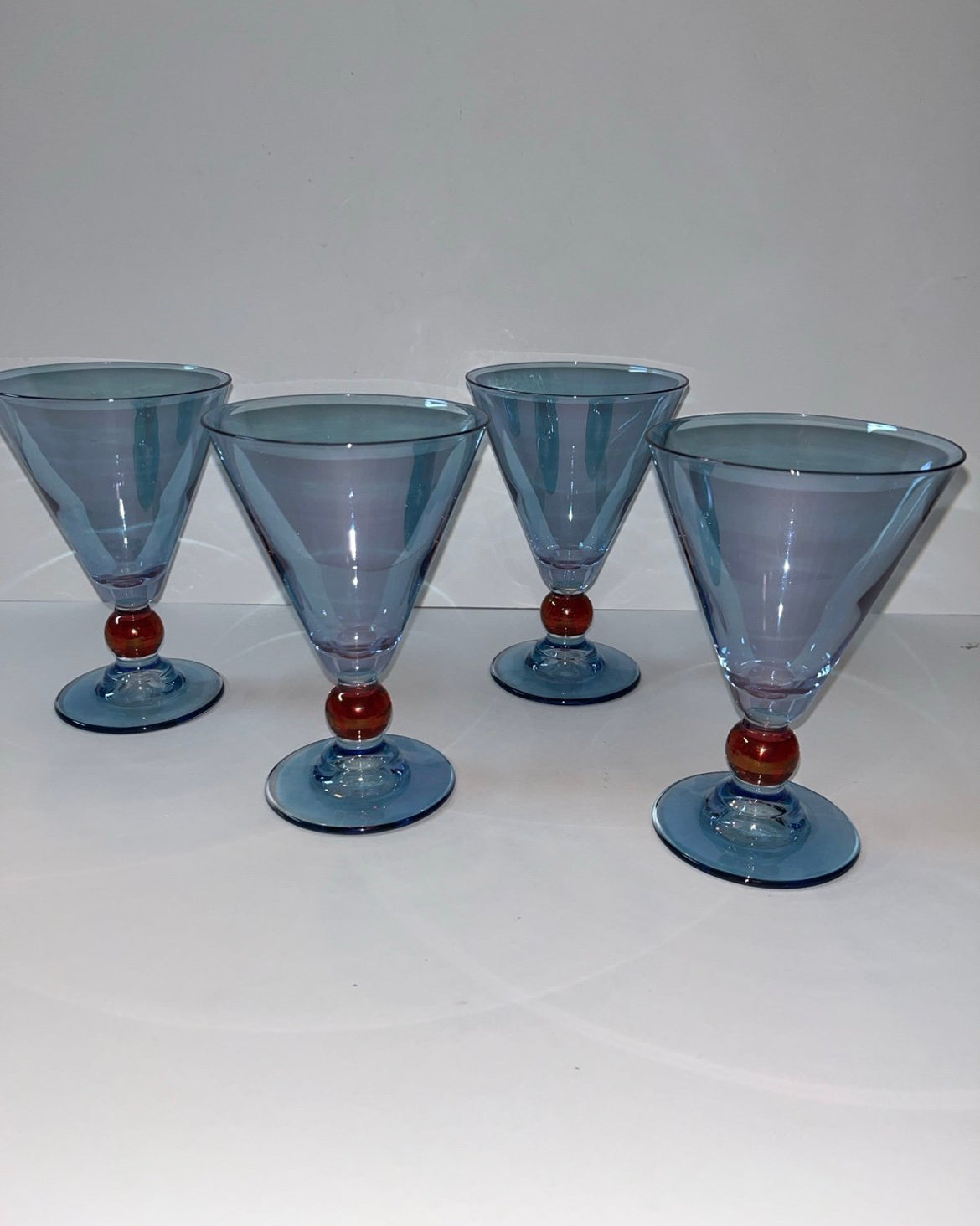 Vintage Italy Cerve Blue Iridescent Stemware Goblets with Red Base - Finest Antique