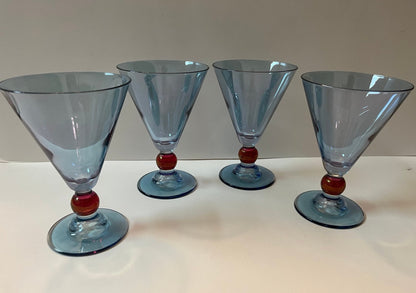 Vintage Italy Cerve Blue Iridescent Stemware Goblets with Red Base - Finest Antique