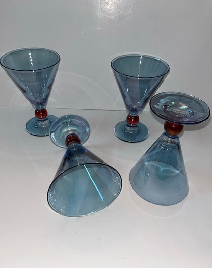 Vintage Italy Cerve Blue Iridescent Stemware Goblets with Red Base - Finest Antique