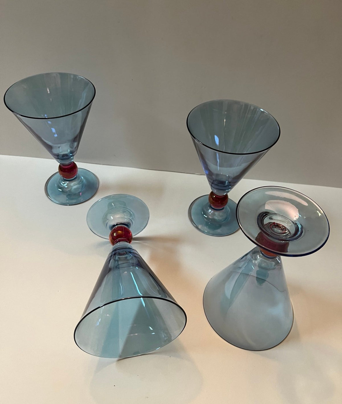 Vintage Italy Cerve Blue Iridescent Stemware Goblets with Red Base - Finest Antique