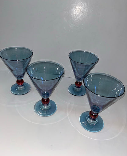 Vintage Italy Cerve Blue Iridescent Stemware Goblets with Red Base - Finest Antique