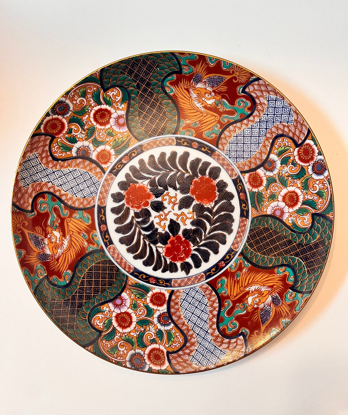 Vintage Japanese SAJI Fine Porcelain Hand-Painted Dragon Peony Floral Gold Trim Plate - Finest Antique
