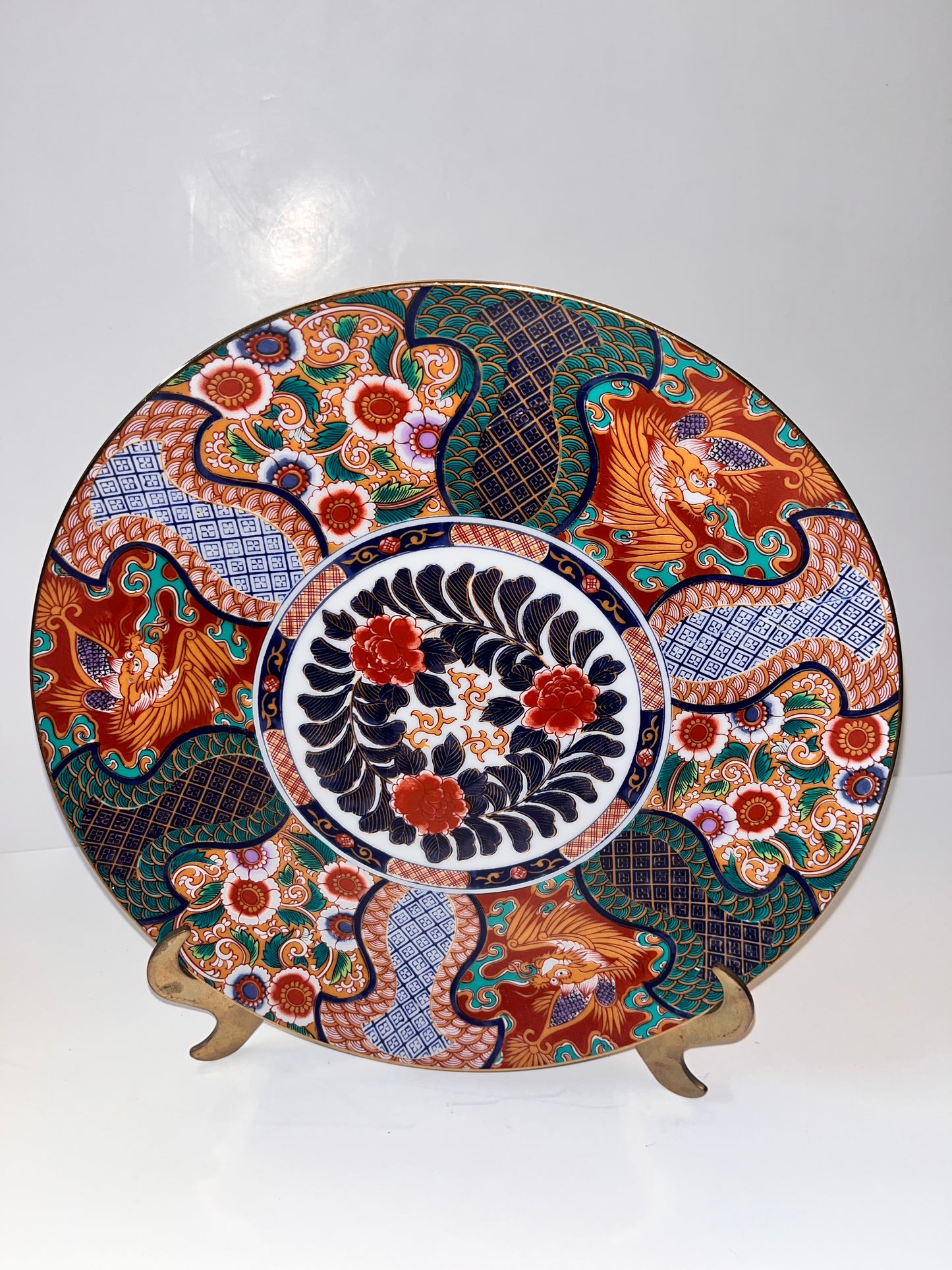 Vintage Japanese SAJI Fine Porcelain Hand-Painted Dragon Peony Floral Gold Trim Plate - Finest Antique
