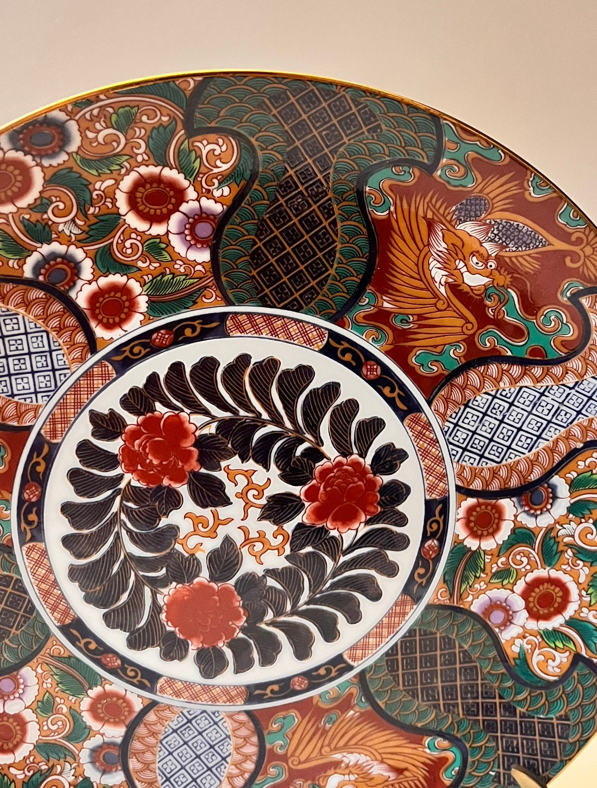 Vintage Japanese SAJI Fine Porcelain Hand-Painted Dragon Peony Floral Gold Trim Plate - Finest Antique