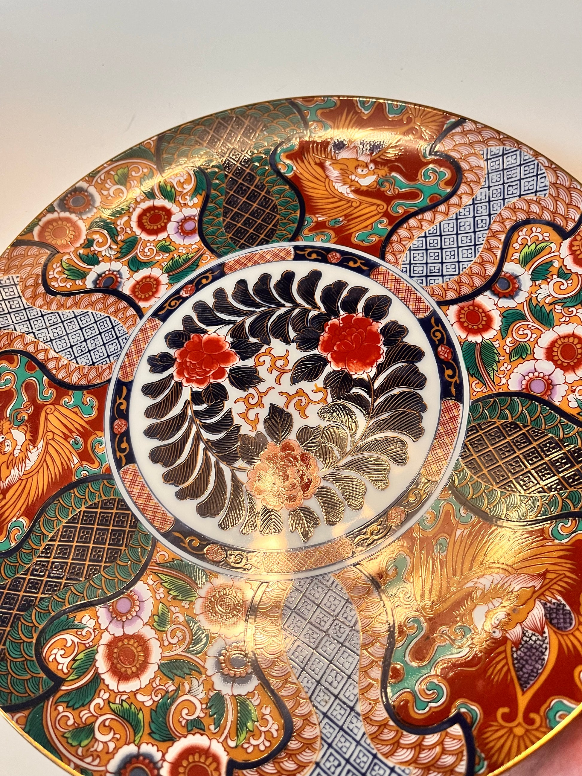 Vintage Japanese SAJI Fine Porcelain Hand-Painted Dragon Peony Floral Gold Trim Plate - Finest Antique