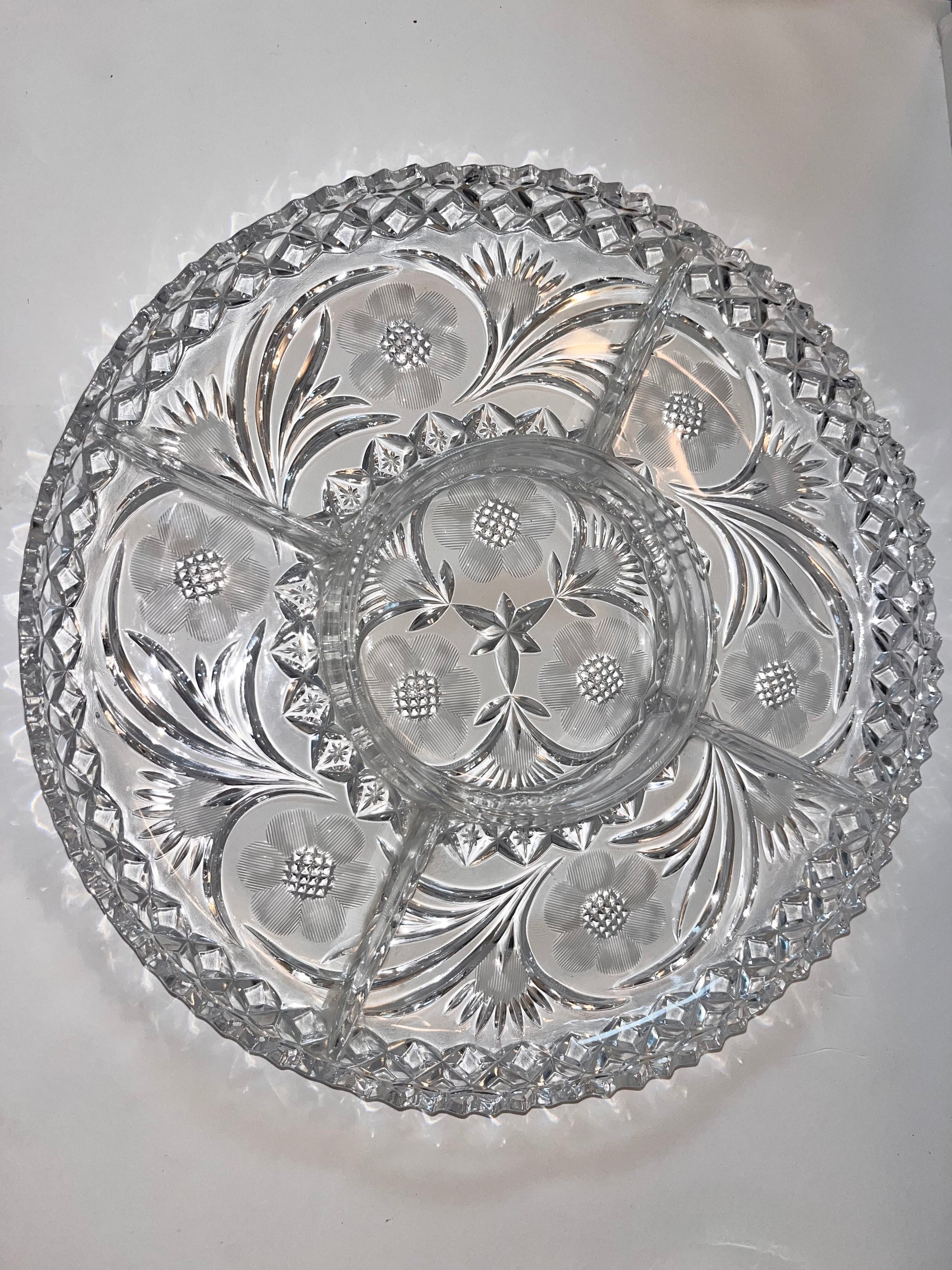 Vintage Lead Crystal Serving Bowl with Intricate Cut Design - Finest Antique