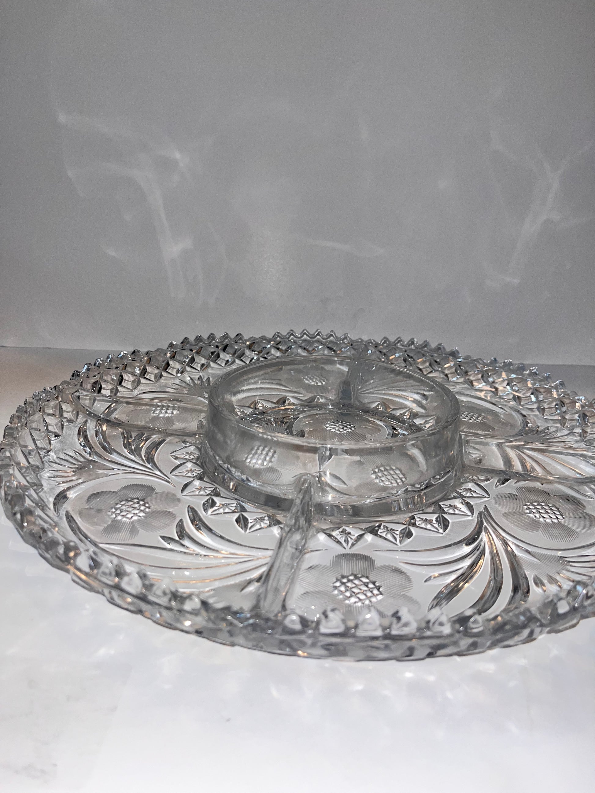 Vintage Lead Crystal Serving Bowl with Intricate Cut Design - Finest Antique