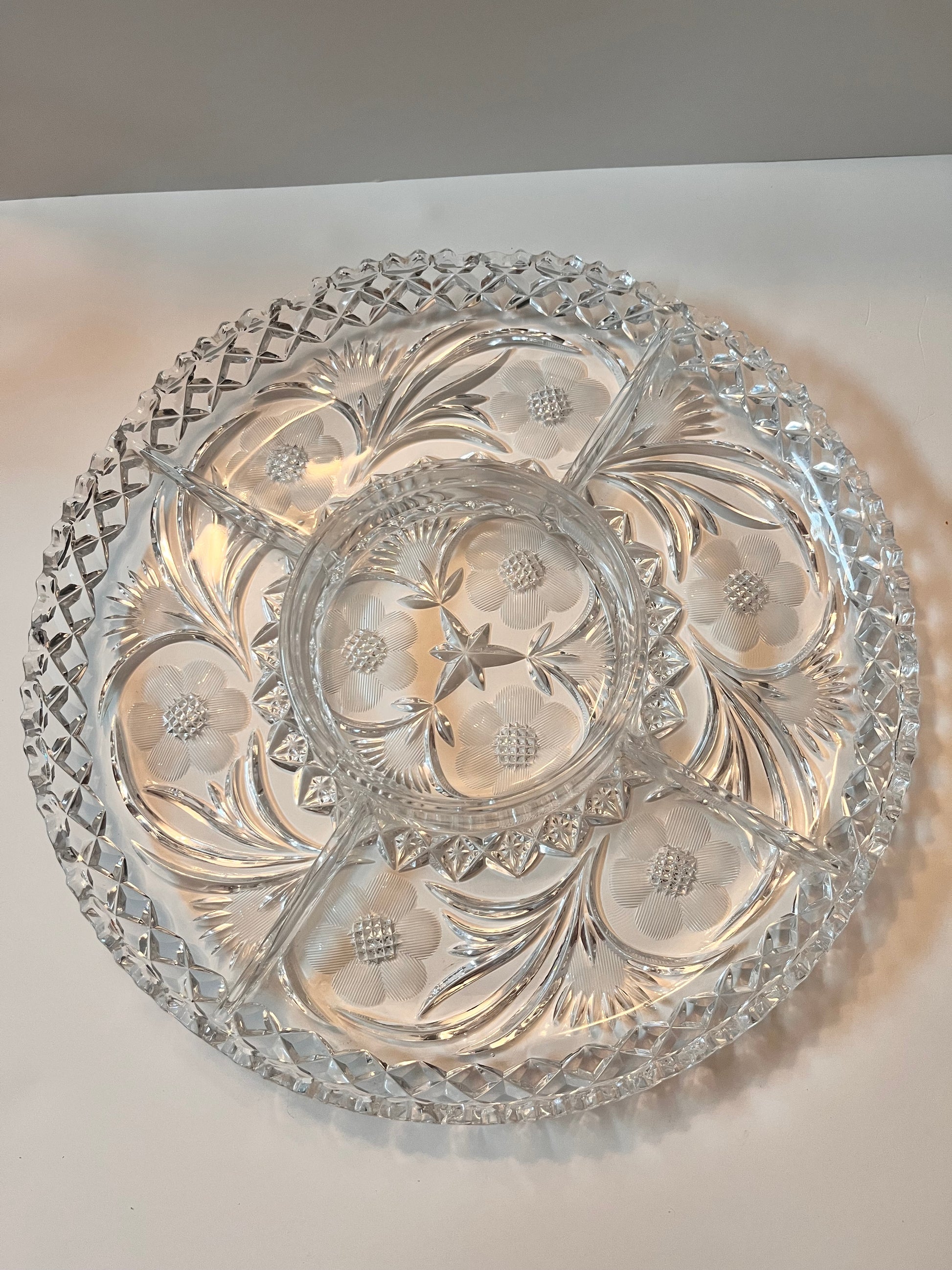 Vintage Lead Crystal Serving Bowl with Intricate Cut Design - Finest Antique