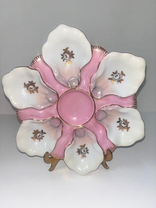 Vintage Majolica Scalloped Oyster Plate with Floral Design - Finest Antique