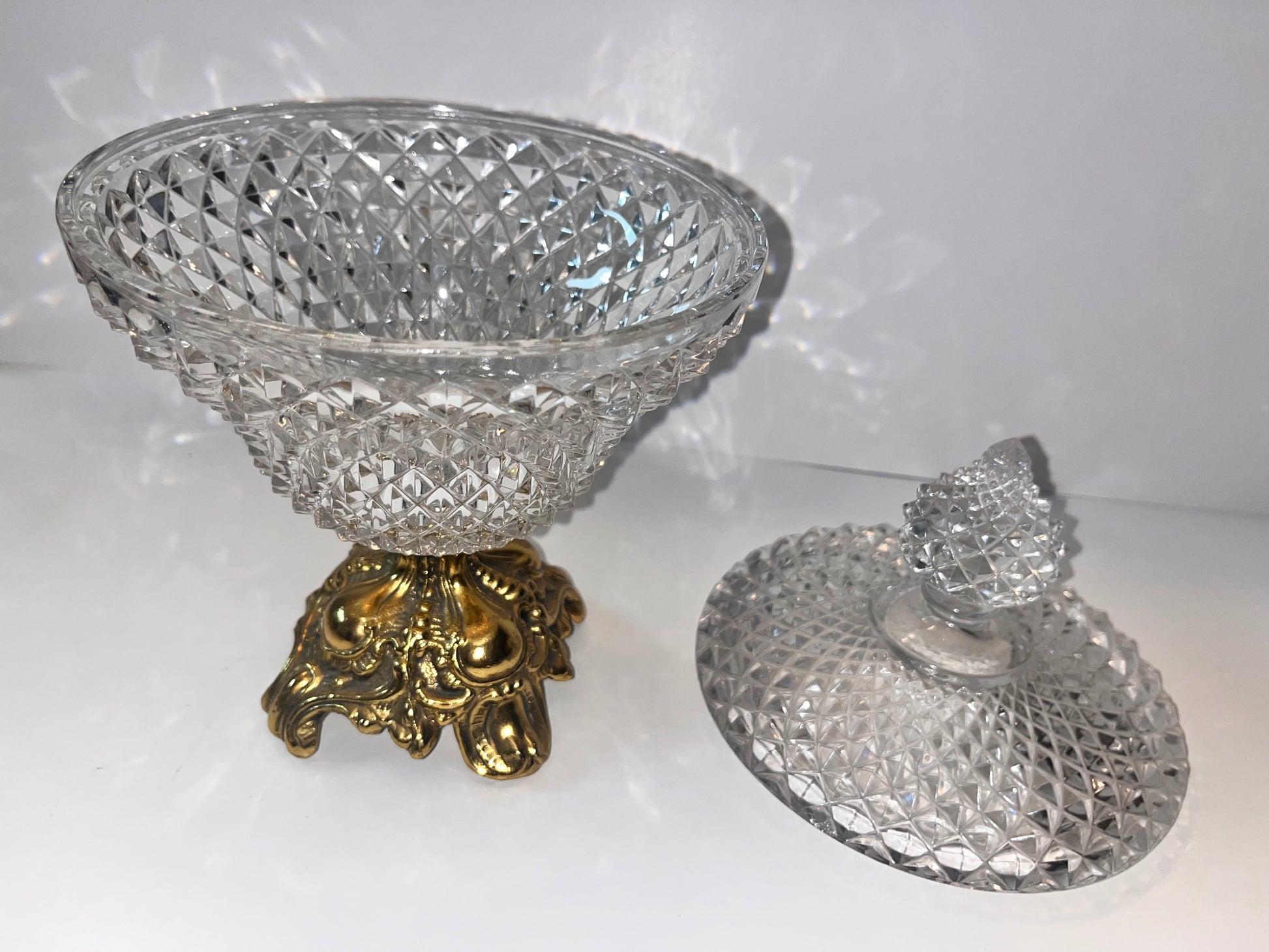 Vintage Mid-Century Hollywood Regency Brass and Crystal Compote - Finest Antique