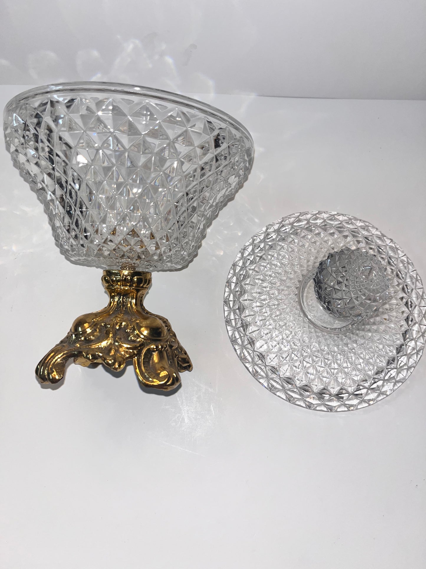 Vintage Mid-Century Hollywood Regency Brass and Crystal Compote - Finest Antique