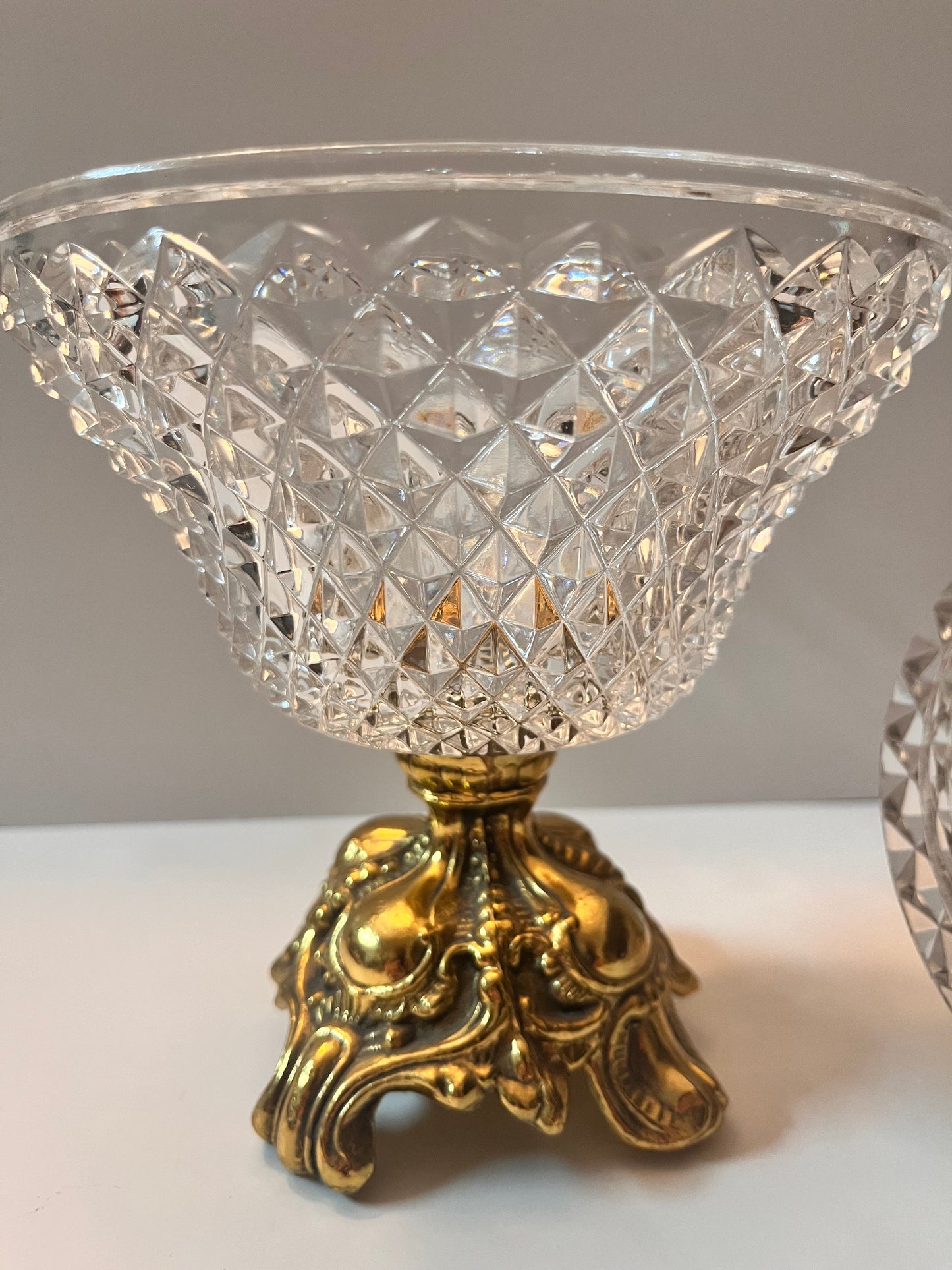 Vintage Mid-Century Hollywood Regency Brass and Crystal Compote - Finest Antique