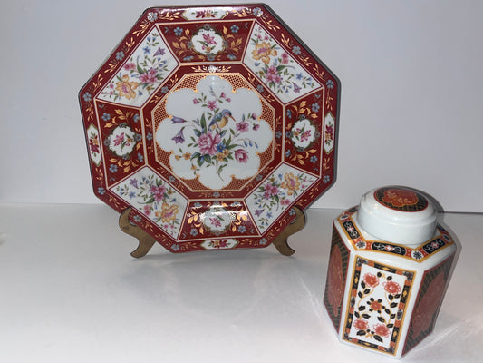 Vintage Porcelain Octagonal Large Plate and Tea Box - Finest Antique