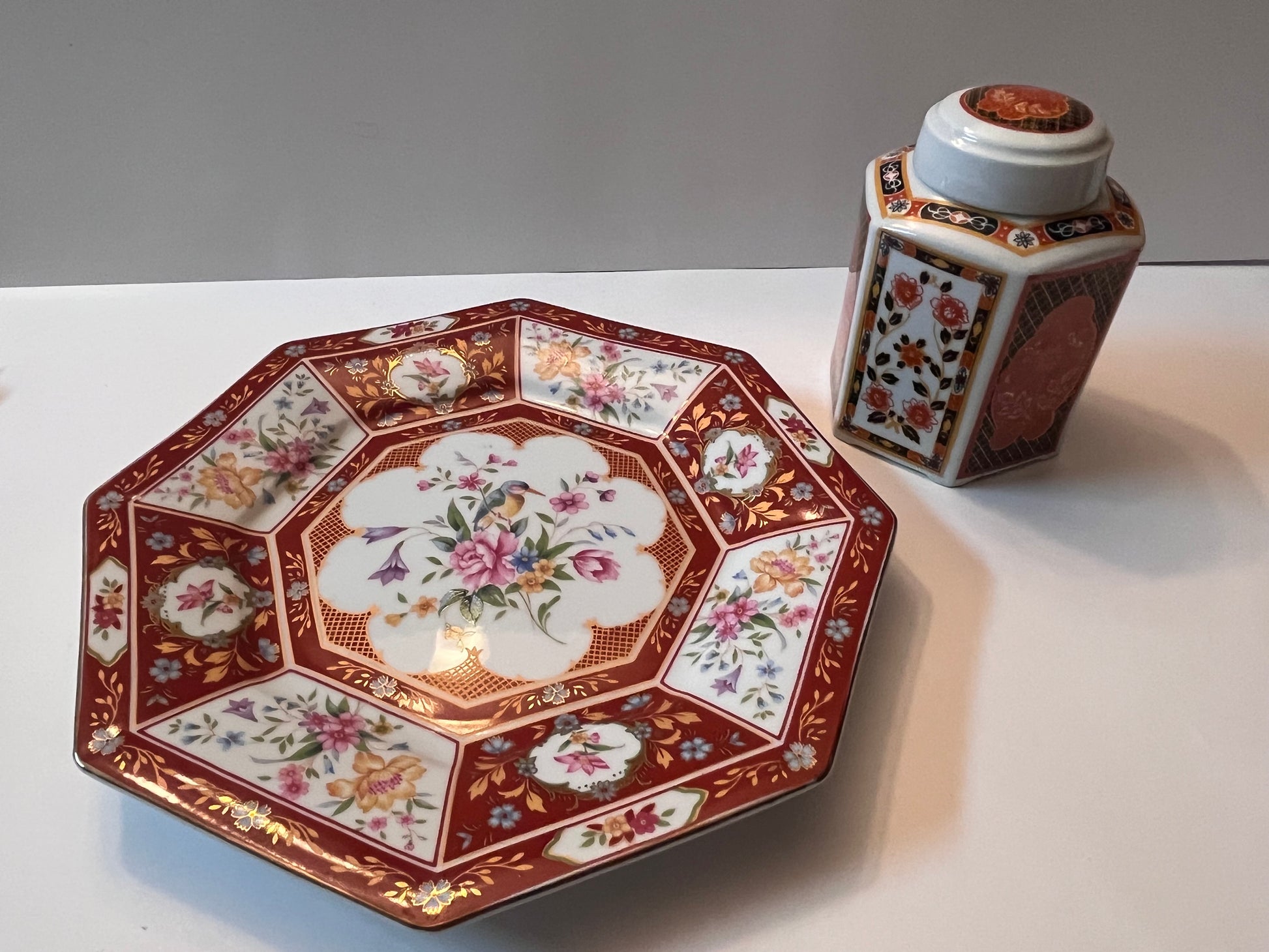 Vintage Porcelain Octagonal Large Plate and Tea Box - Finest Antique