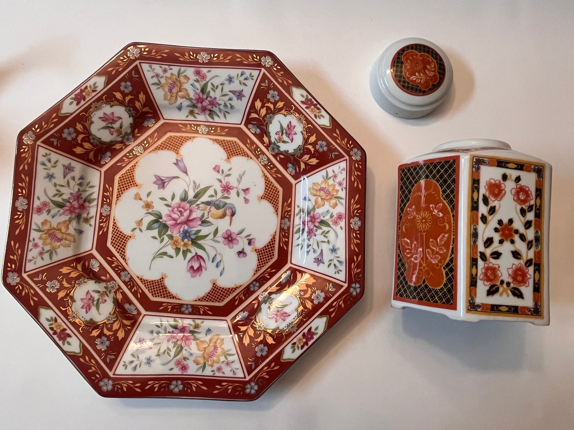 Vintage Porcelain Octagonal Large Plate and Tea Box - Finest Antique