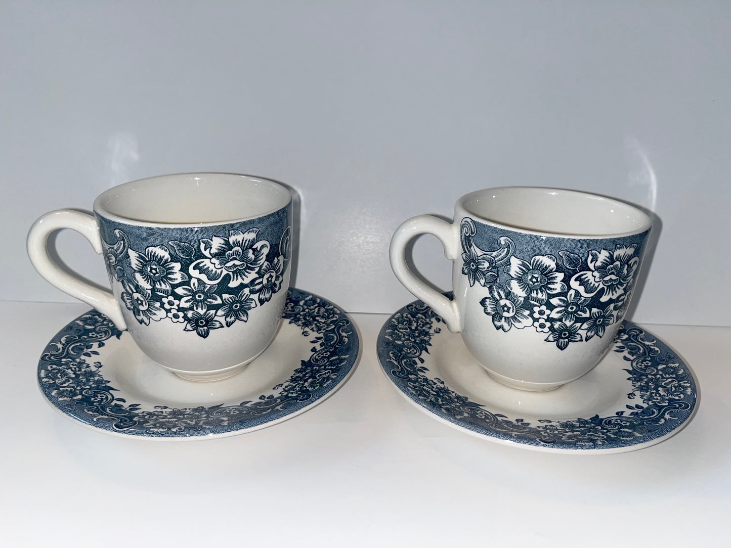 Vintage Staffordshire Engravings Floral Teacup and Saucer Set - Finest Antique