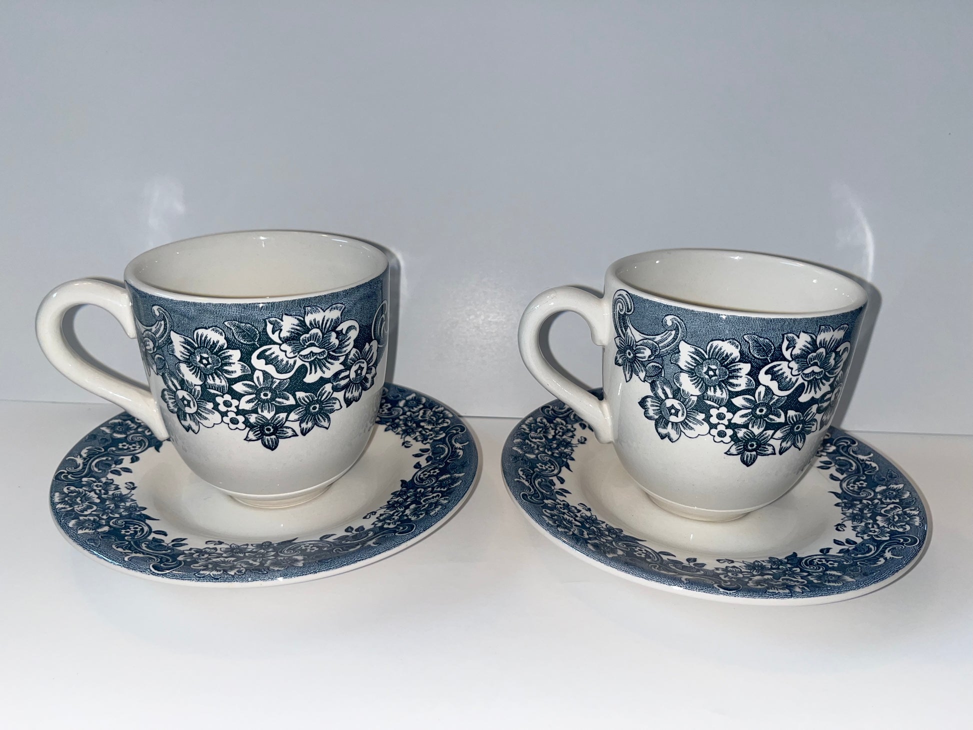 Vintage Staffordshire Engravings Floral Teacup and Saucer Set - Finest Antique
