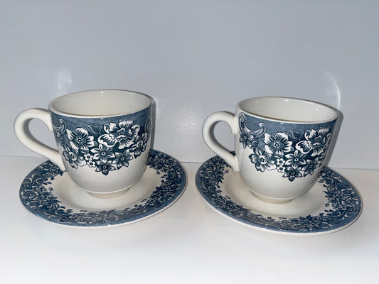 Vintage Staffordshire Engravings Floral Teacup and Saucer Set - Finest Antique