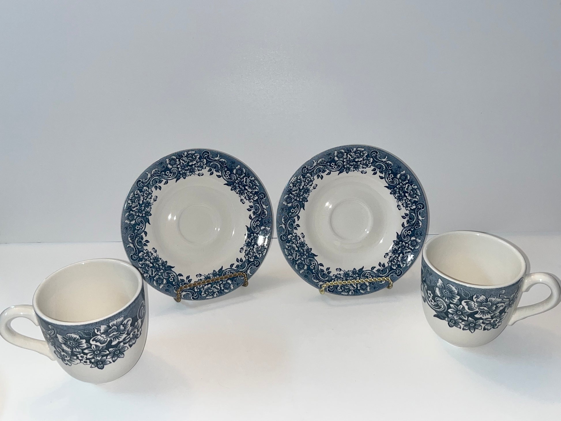 Vintage Staffordshire Engravings Floral Teacup and Saucer Set - Finest Antique
