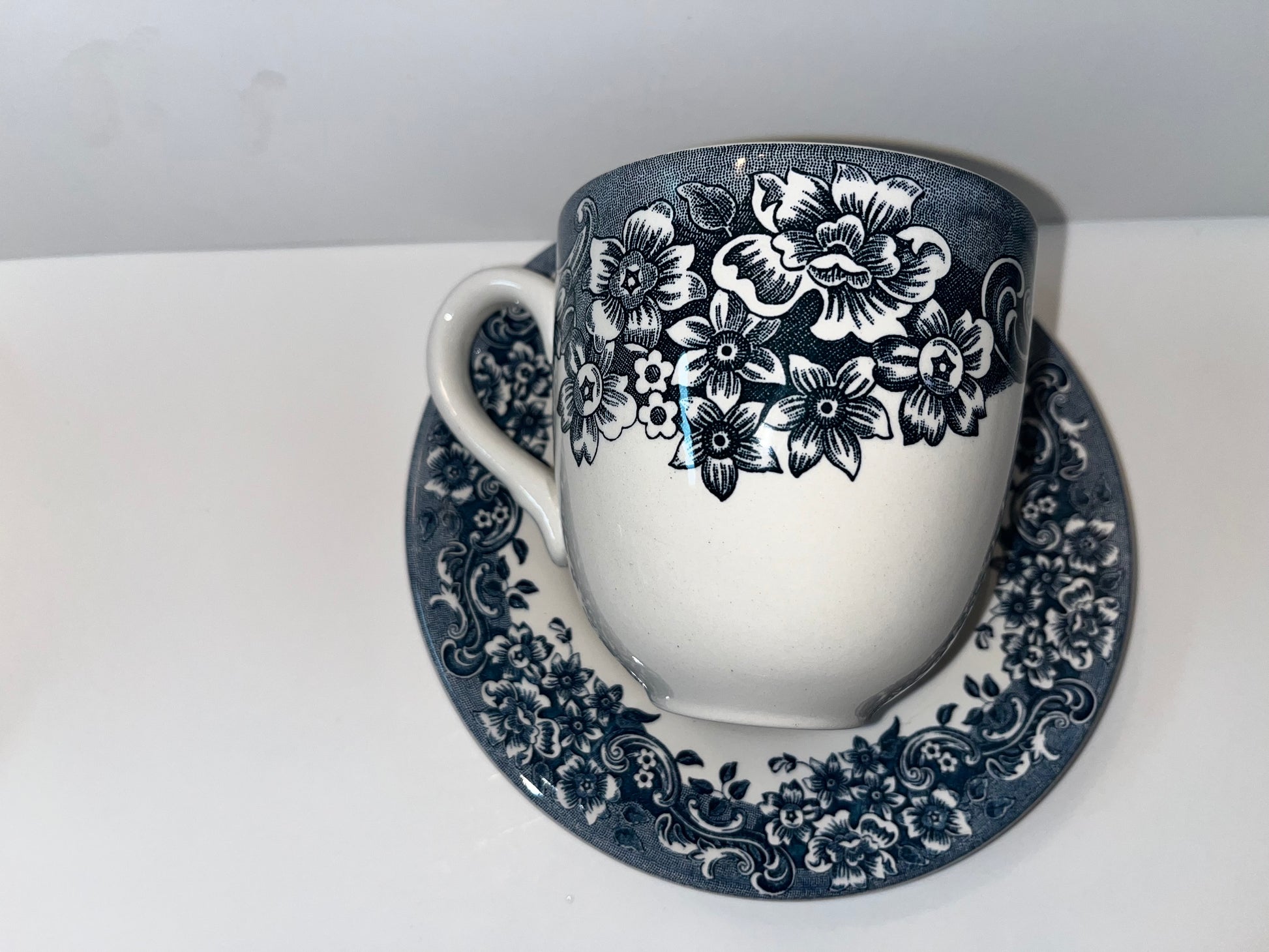Vintage Staffordshire Engravings Floral Teacup and Saucer Set - Finest Antique