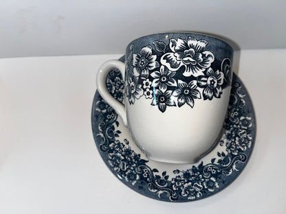 Vintage Staffordshire Engravings Floral Teacup and Saucer Set - Finest Antique