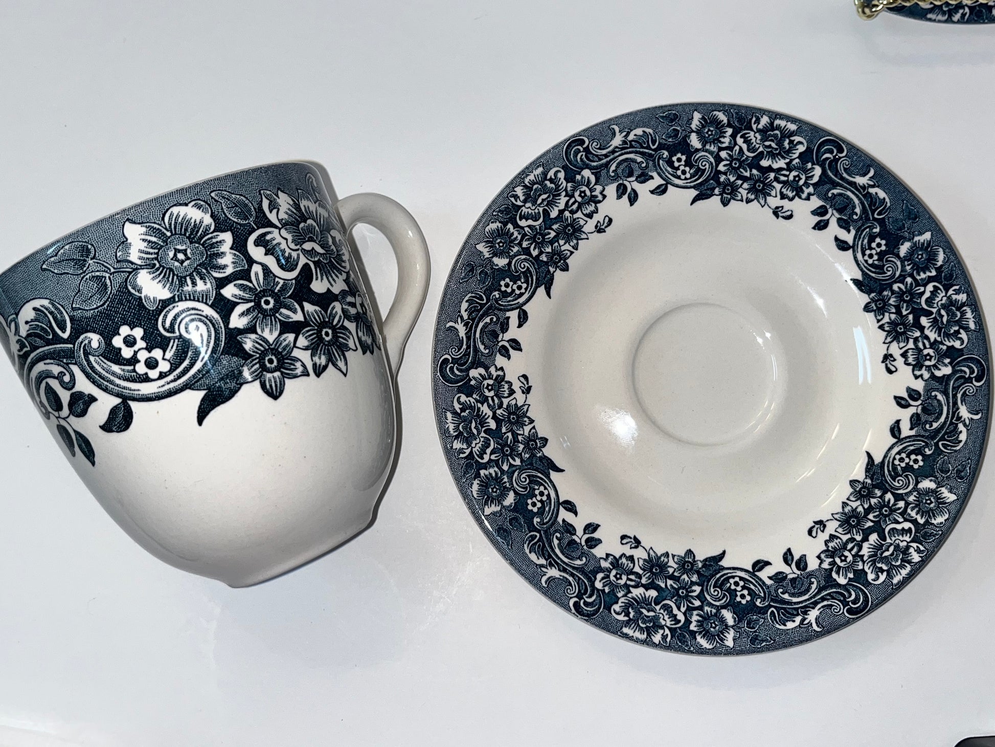 Vintage Staffordshire Engravings Floral Teacup and Saucer Set - Finest Antique