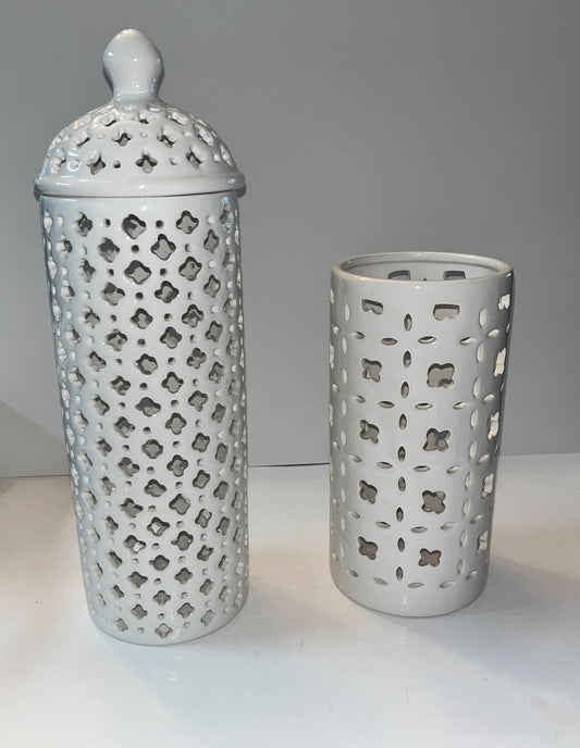 White Ceramic Latticework Vases - Finest Antique