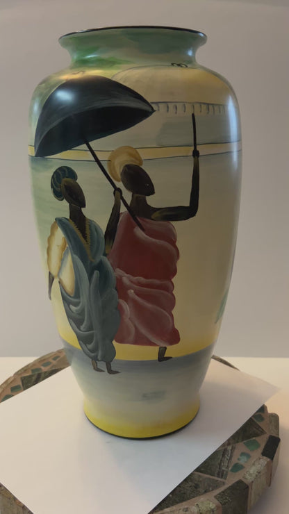 Barrington Collection 14" Hand-Painted Ceramic Vase - African Village Narrative Scene 14