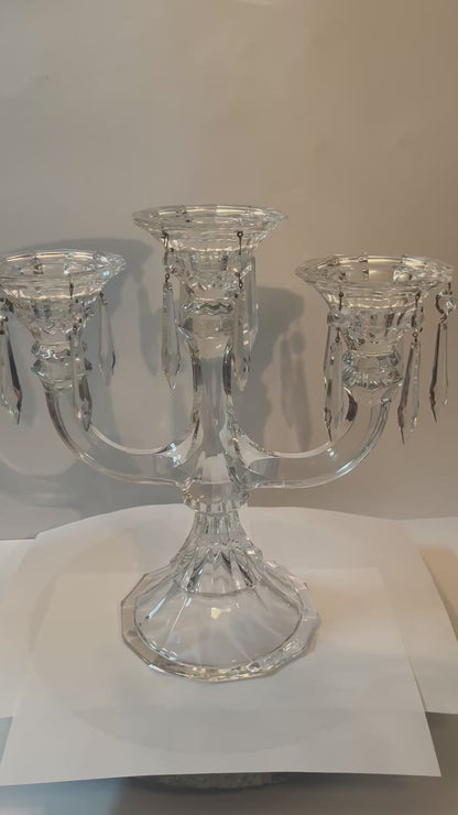 Vintage Crystal Candelabra with Hanging Crystal Prisms and Cut Crystal Detailing