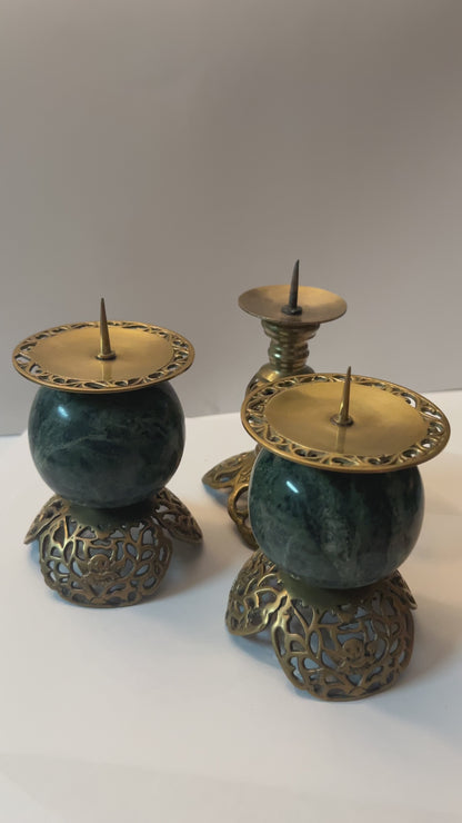 Vintage Dark Green Marble and Bronze Filigree Candle Holders(Set of 2)